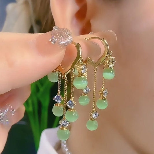 Showlu Fashion Store 0 Light green Accessories for Women Emerald Cat Eye Stone Tassel Earrings for Women Wedding Party Anniversary Gift Jewelry Pendientes Mujer