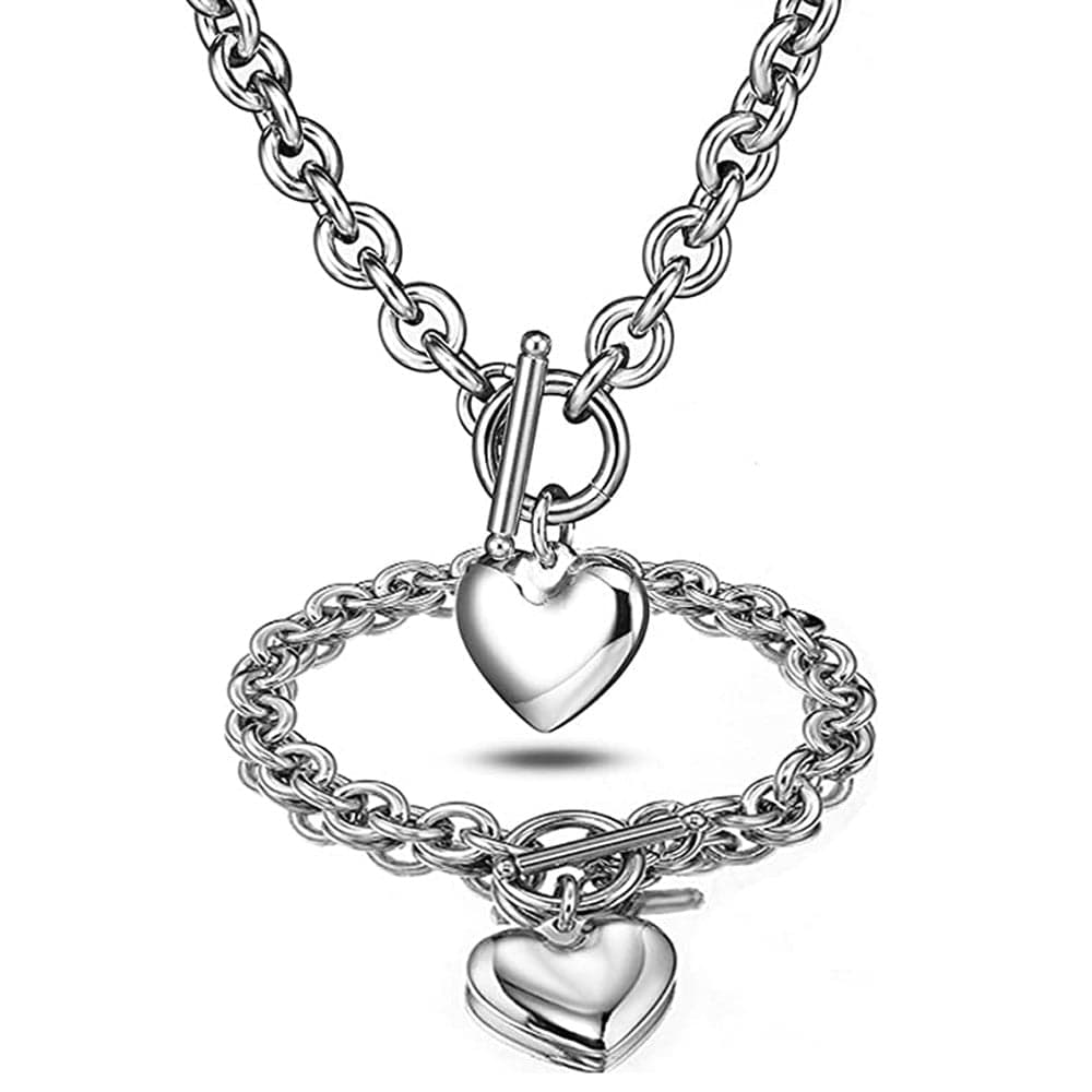 Showlu Fashion Store 0 Love Heart Necklace and Bracelet Jewelry Sets for Women Gift Stainless Steel Engagement Wedding Party Chain Set Jewelry Fashion