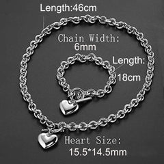 Showlu Fashion Store 0 Love Heart Necklace and Bracelet Jewelry Sets for Women Gift Stainless Steel Engagement Wedding Party Chain Set Jewelry Fashion