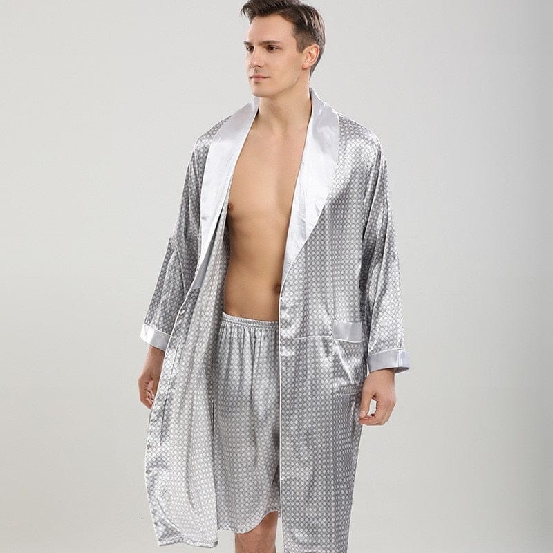 Showlu Fashion Store 0 Men Robe Sets Satin Kimono Gown Male Sleepwear Bathrobe Faux Silk 2PCS Robe&Shorts Suit Casual Nightwear Lounge Wear Homewear