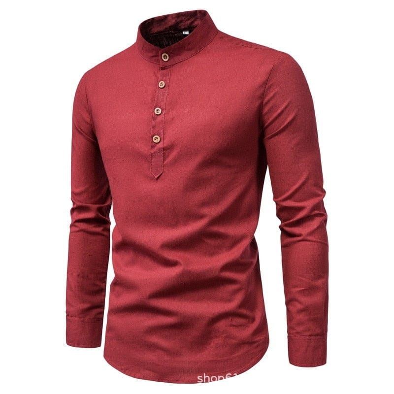 Showlu Fashion Store 0 Men's solid color casual slim fitting standing collar long sleeved business shirt shirt