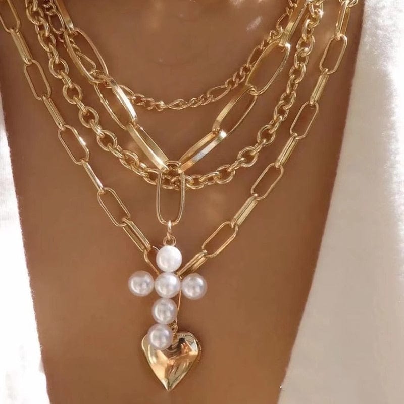 Showlu Fashion Store 0 N0340-1 Boho Elegant Jewelry Multilayer Chain Pearl Cross Heart Pendant Necklace Gold Color Unquie Women Fashion Necklace N0340