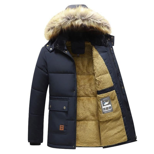 Showlu Fashion Store 0 Navy blue / (40-50kg) M 2023 New Men Winter Parka Fleece Lined Thick Warm Hooded Fur Collar Coat Male Size 5XL Plush Jacket Autumn Work Outwearing Black