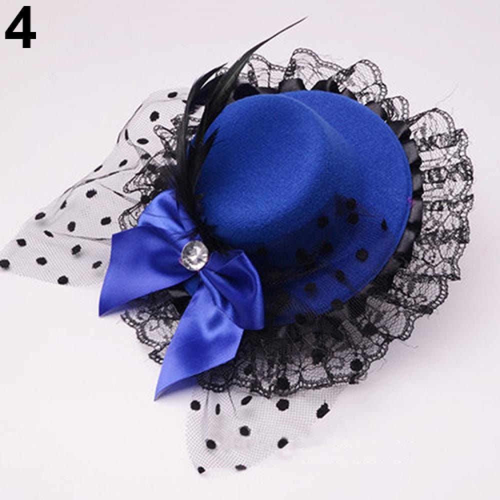 Showlu Fashion Store 0 Navy Blue Lady Mini Top Hat Caps Bowknot Decor Lace Fascinator Hair Clip Costume Accessory Women Hair Accessories Wholesales Dropshipping