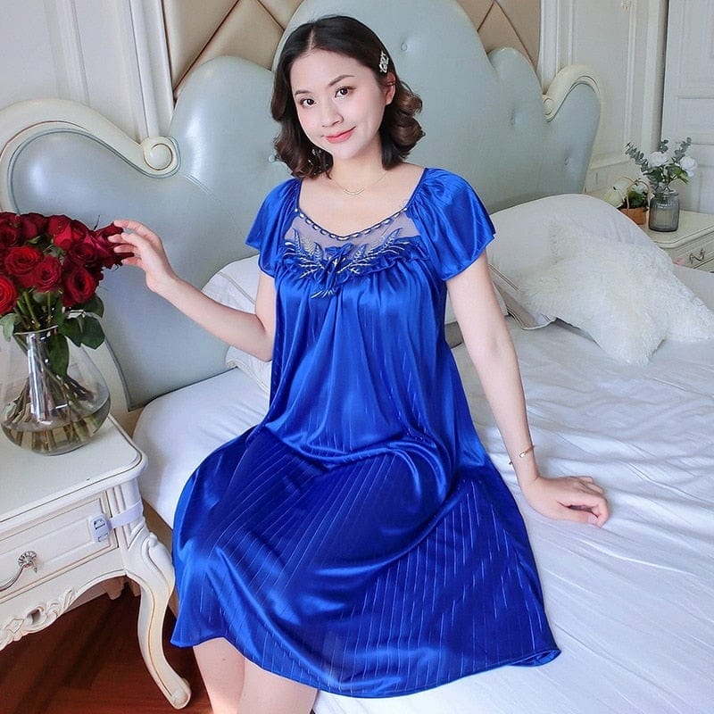 Showlu Fashion Store 0 Navy Blue / M Women Ice Silk Sleepwear Set Nightdress Homewear Nightwear Pyjamas Female Lace Sleepwear V-neck Nightgown Plus Size 4XL 100kg