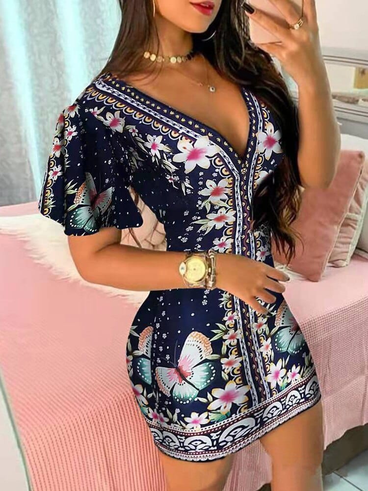 Showlu Fashion Store 0 Navy Blue / S Floral Print Plunge Bodycon Dress Women Short Sleeve Summer Dress