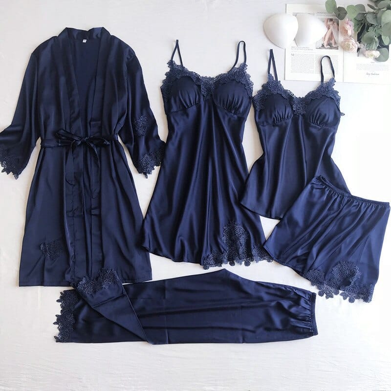 Showlu Fashion Store 0 Navy Blue Set - B / M Gray Nightgown Set Women Lace Nightwear V-Neck Pajamas Suit Homewear Spring Sleepwear Robe Gown Sleep Wear Pijama Negligee