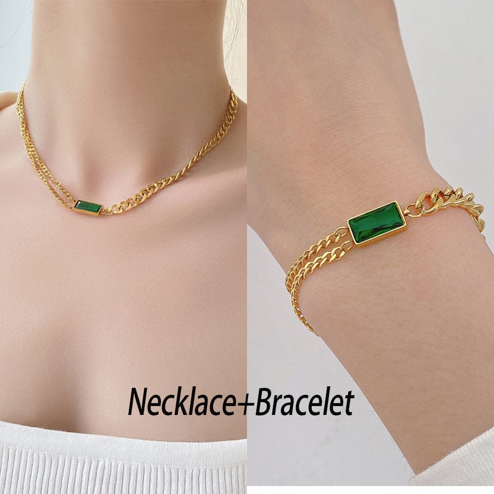 Showlu Fashion Store 0 Necklace  Bracelet / China 316L Stainless Steel Necklace Earring Bracelet Ins Personality Time Vintage Green Zircon Shang Ladies Jewelry Set For Gift