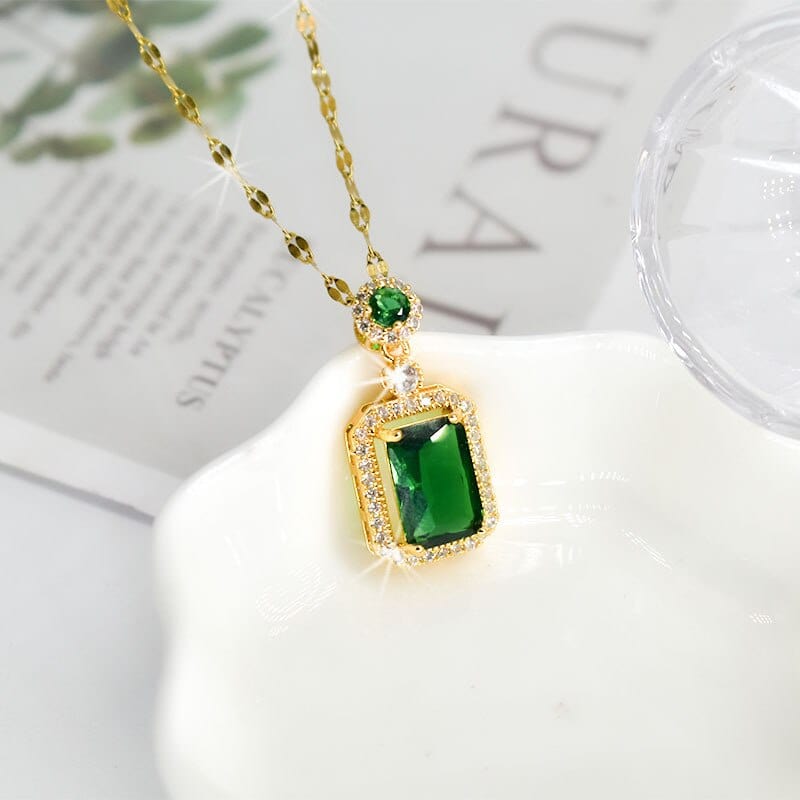 Showlu Fashion Store 0 Necklace / China Fashion Copper Stainless Steel Pendant Necklace For Women Retro Green Zircon  Classic Luxury Girls Jewelry Chain Birthday Gift