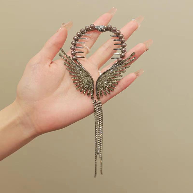 Showlu Fashion Store 0 New Angel Wings Pearl Rhinestone Tassel Pill Head Ponytail Buckle Hair Clip Female Korean Hair Card Hair Accessories