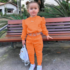 Showlu Fashion Store 0 Orange / 7-8years 1-8Years Soild Kids Girl Child Suit Outfit Long Sleeve Crop Tops+Pants Sets Fashion Spring Autumn Baby Girl Clothes