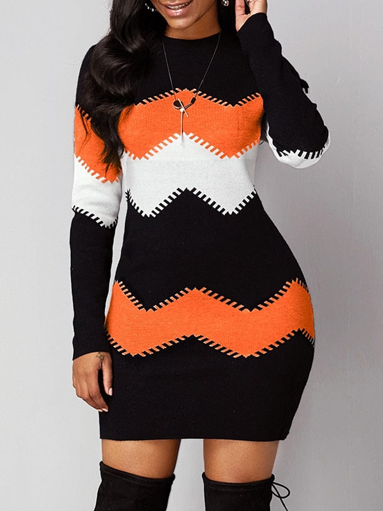 Showlu Fashion Store 0 Orange / S 2023 Autumn Women Fashion Print Slim Knitted Dress Female Long-sleeve O-neck Elegant Bodycon Package Hips Mini Dresses 5XL