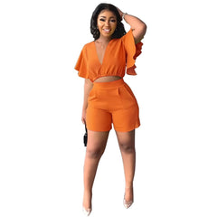 Showlu Fashion Store 0 Orange / S Fashion Two Piece Set Women Sexy V Neck Ruffles Sleeve Crop Top &amp; Pockets Shorts Suit  Summer Street Solid Tracksuit Outfits