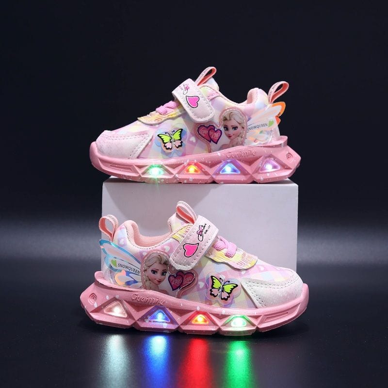 Showlu Fashion Store 0 Pink / 21-Insole 13.8 cm Disney LED Casual Sneakers For Spring Girls Frozen Elsa Princess Print Pu Leather Shoes Children Lighted Non-slip Pink Purple