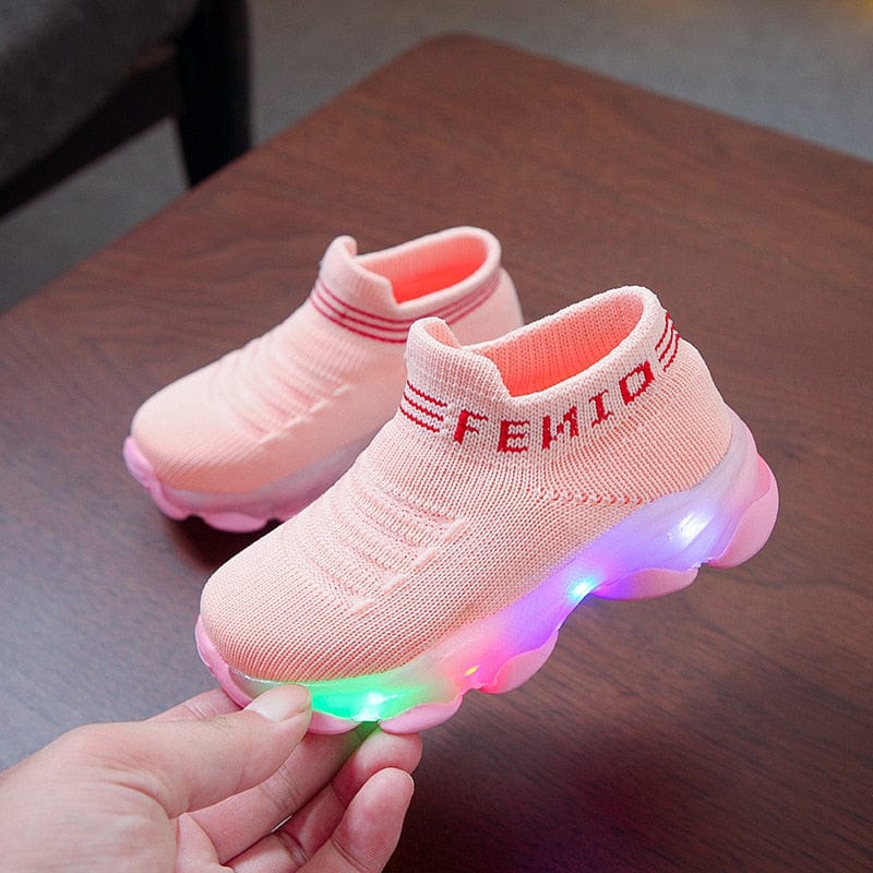 Showlu Fashion Store 0 Pink / 22 Kids Sneakers Children Baby Girls Boys Letter Mesh Led Luminous Socks Sport Run Sneakers Shoes Sapato Infantil Light Up Shoes