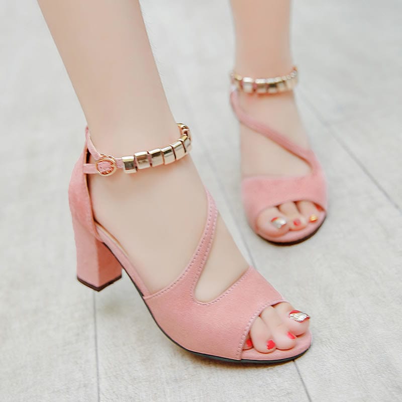 Showlu Fashion Store 0 Pink / 34 spring summer sexy fish mouth hollow Roman sandals thick with word with beaded high heels female summer Sexy female sandals