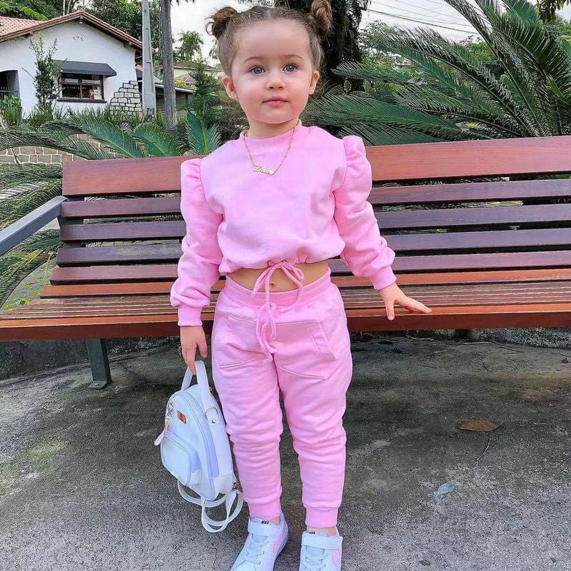 Showlu Fashion Store 0 Pink / 7-8years 1-8Years Soild Kids Girl Child Suit Outfit Long Sleeve Crop Tops+Pants Sets Fashion Spring Autumn Baby Girl Clothes