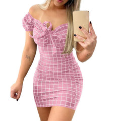 Showlu Fashion Store 0 Pink / S Stylish Women Dress  Plaid Sexy Party Dress  Blackless Strapless Bodycon Dress