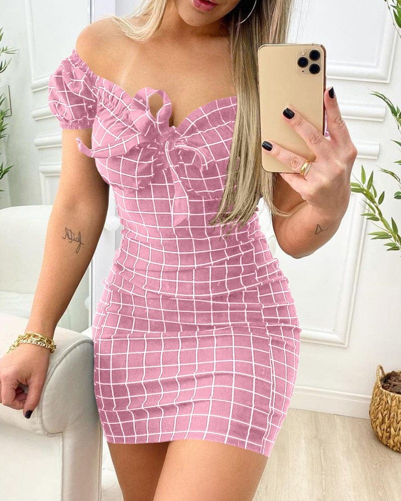 Showlu Fashion Store 0 Pink / S Summer dress sexy package buttocks short skirt of cross border grid print dress