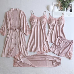 Showlu Fashion Store 0 Pink Set - B / M Gray Nightgown Set Women Lace Nightwear V-Neck Pajamas Suit Homewear Spring Sleepwear Robe Gown Sleep Wear Pijama Negligee