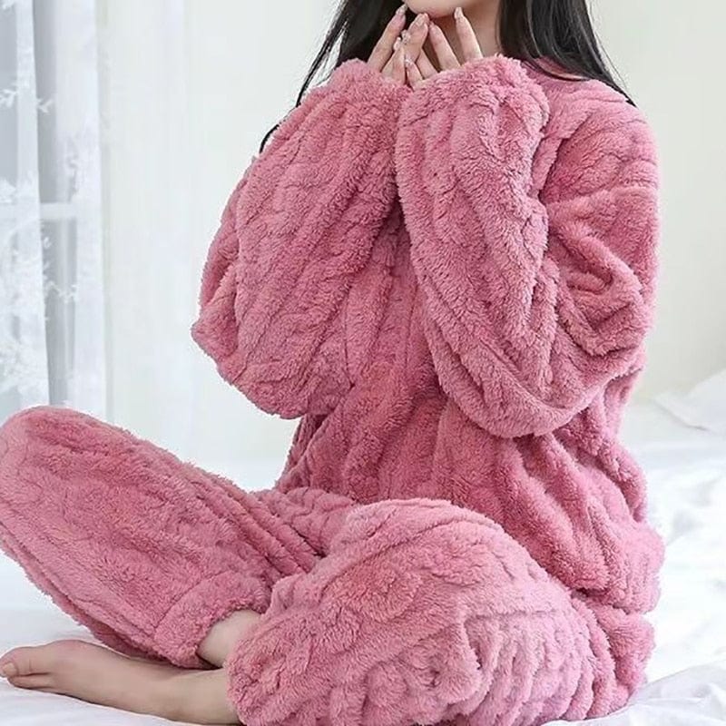 Showlu Fashion Store 0 PINK SET / Fit For 40-75KG HELIAR Women Warm 2 Piece Sets Thicken Velvet Ribbed Fleece Set Pullover And Pants Casual Pajama Sets Women Autumn Winter 2023