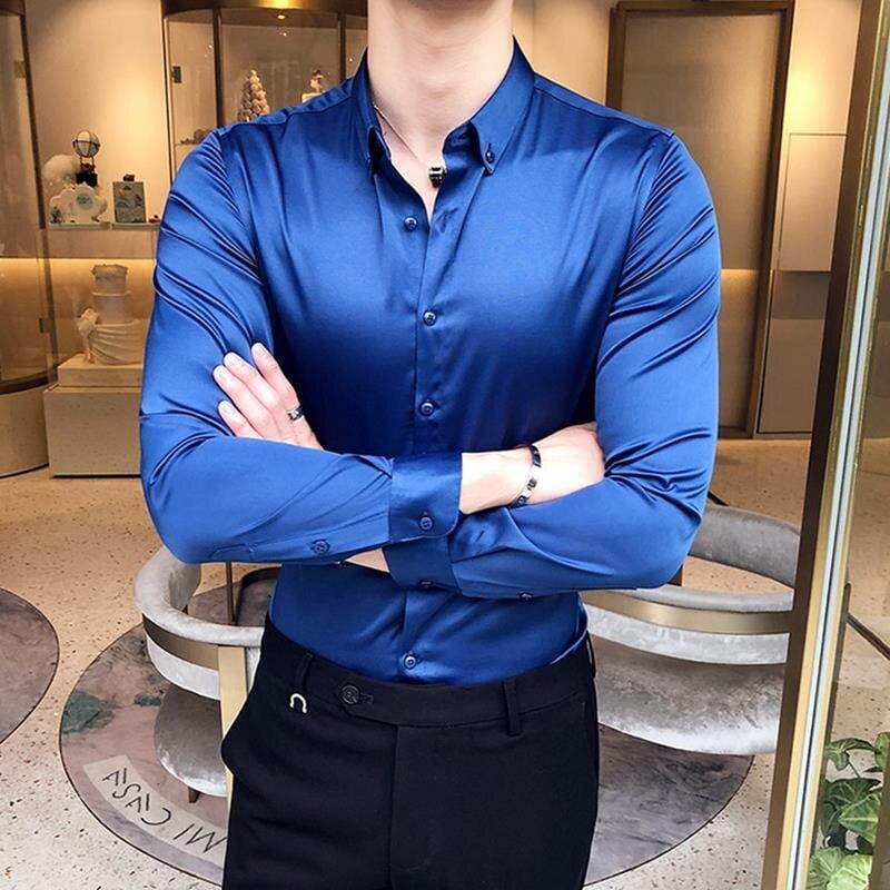 Showlu Fashion Store 0 Plain Long Sleeve Shirts and Blouses for Men Business Silk Summer Button Man Tops Fashion 2023 Social High Quality Clothing S I