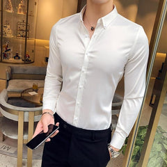 Showlu Fashion Store 0 Plain Long Sleeve Shirts and Blouses for Men Business Silk Summer Button Man Tops Fashion 2023 Social High Quality Clothing S I