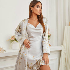 Showlu Fashion Store 0 Print Twinset Robe Suit Womens Satin Chemise Nightgown Kimono Bathrobe Gown Set Summer Sexy Loungewear V-Neck Sleepwear