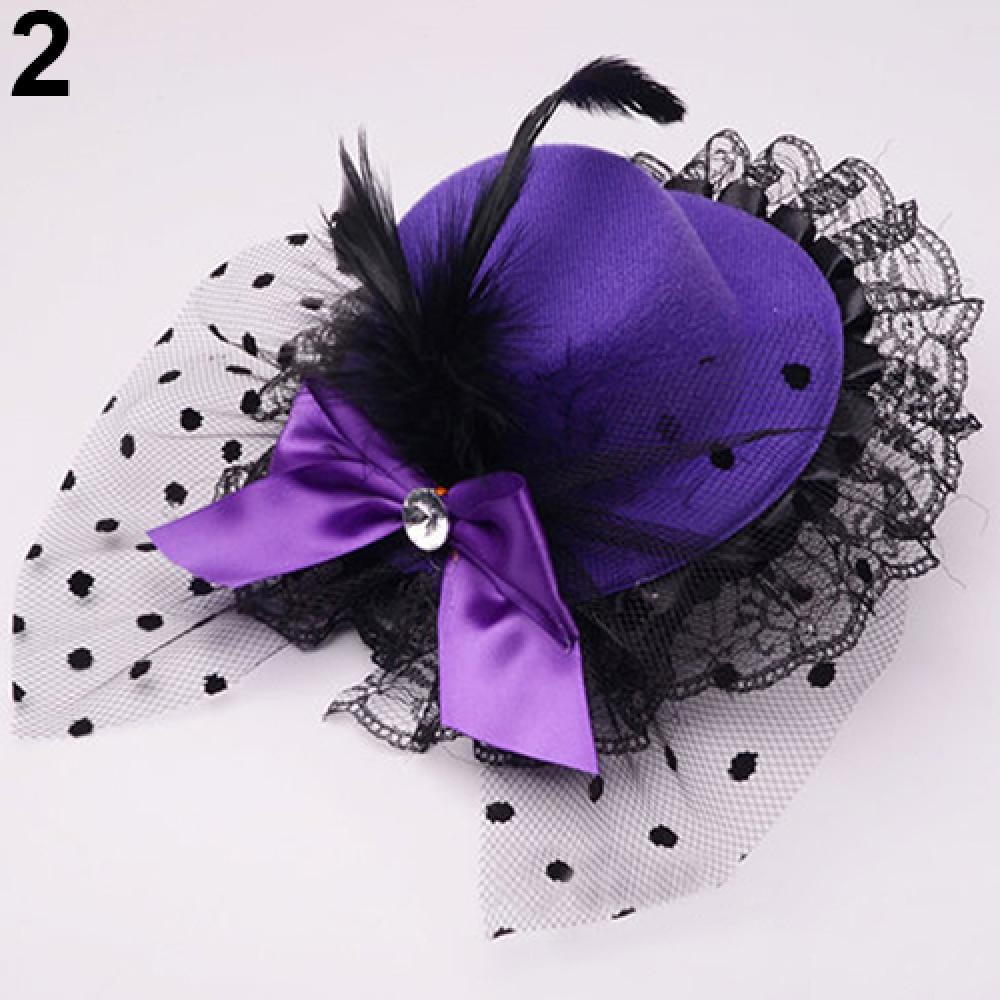 Showlu Fashion Store 0 Purple Lady Mini Top Hat Caps Bowknot Decor Lace Fascinator Hair Clip Costume Accessory Women Hair Accessories Wholesales Dropshipping