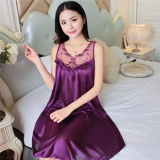 Showlu Fashion Store 0 Purple / M Women Ice Silk Sleepwear Set Nightdress Homewear Nightwear Pyjamas Female Lace Sleepwear V-neck Nightgown Plus Size 4XL 100kg