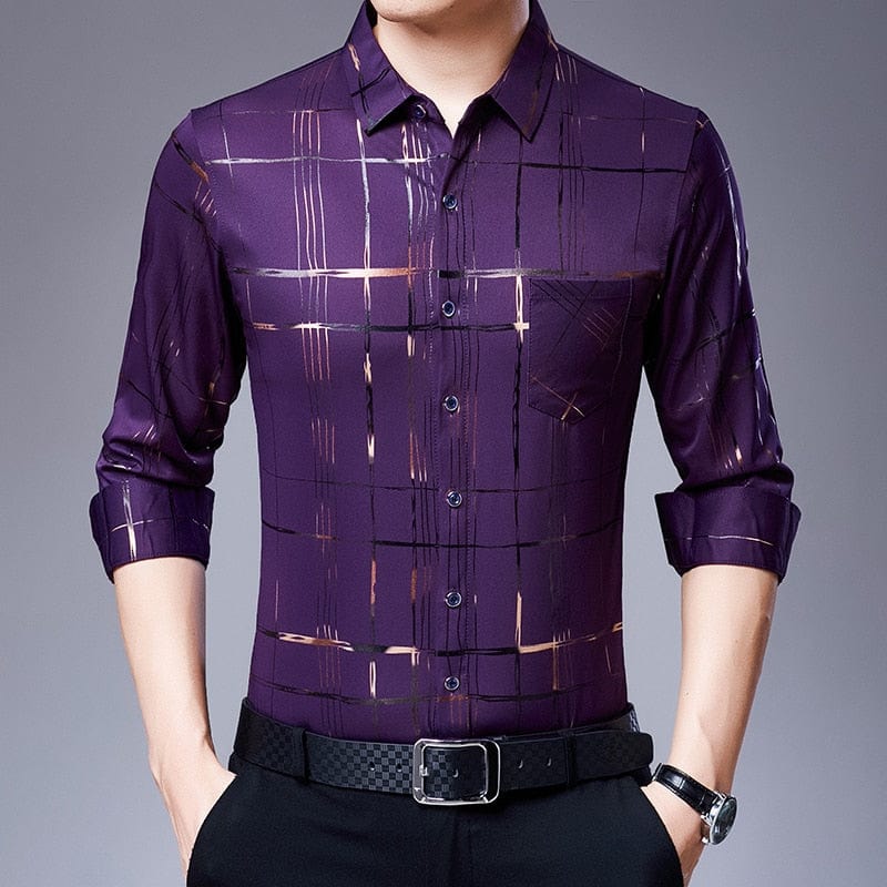 Showlu Fashion Store 0 Purple / S 2022 brand new striped big pocket mens shirts for men clothing fashion long sleeve shirt luxury dress casual clothes jersey 6412