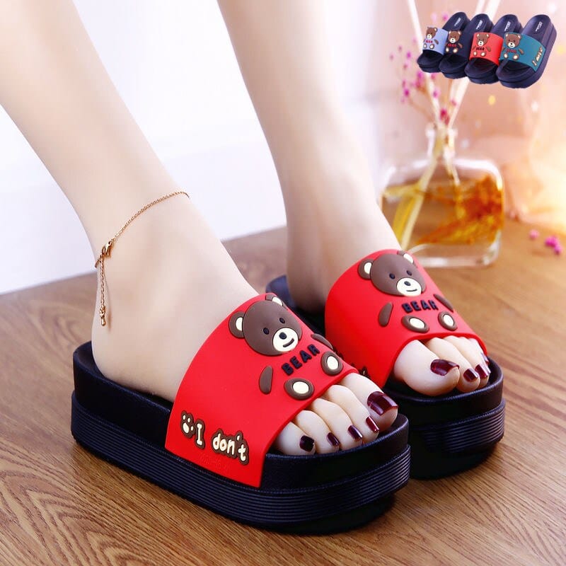 Showlu Fashion Store 0 red-1 / 35 New Summer High-heeled Thick Soled Slippers Women's Cute Cartoon Bear Heightening Sandals Shoes Woman Heels Summer Slipper Slide