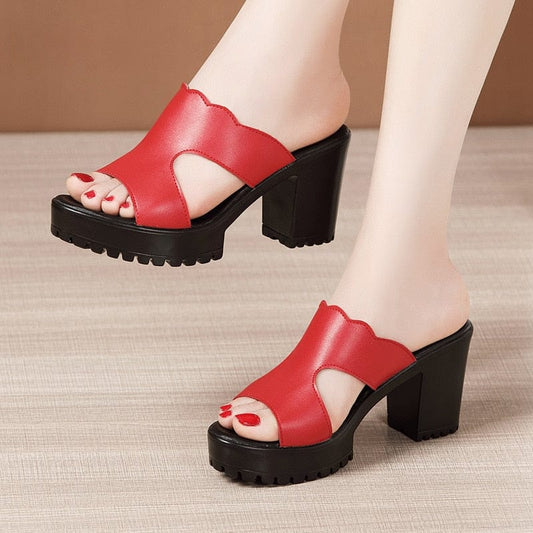  Showlu Fashion Store 0 red-2 / 35 Comemore Slipper Female Block Heel Platform Slippers Slides Women 2022 New High Heels Ladies Office Women's Summer Shoes Sandals