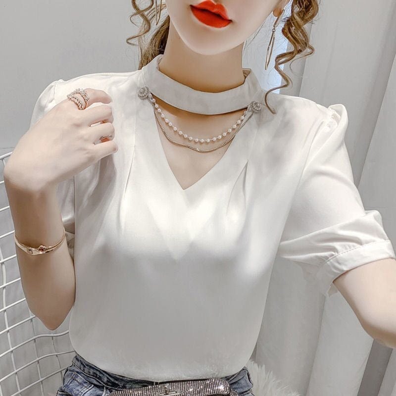 Showlu Fashion Store 0 Red / L Pearl Embellished Puff Sleeve Blouse