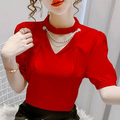 Showlu Fashion Store 0 Red / L Pearl Embellished Puff Sleeve Blouse