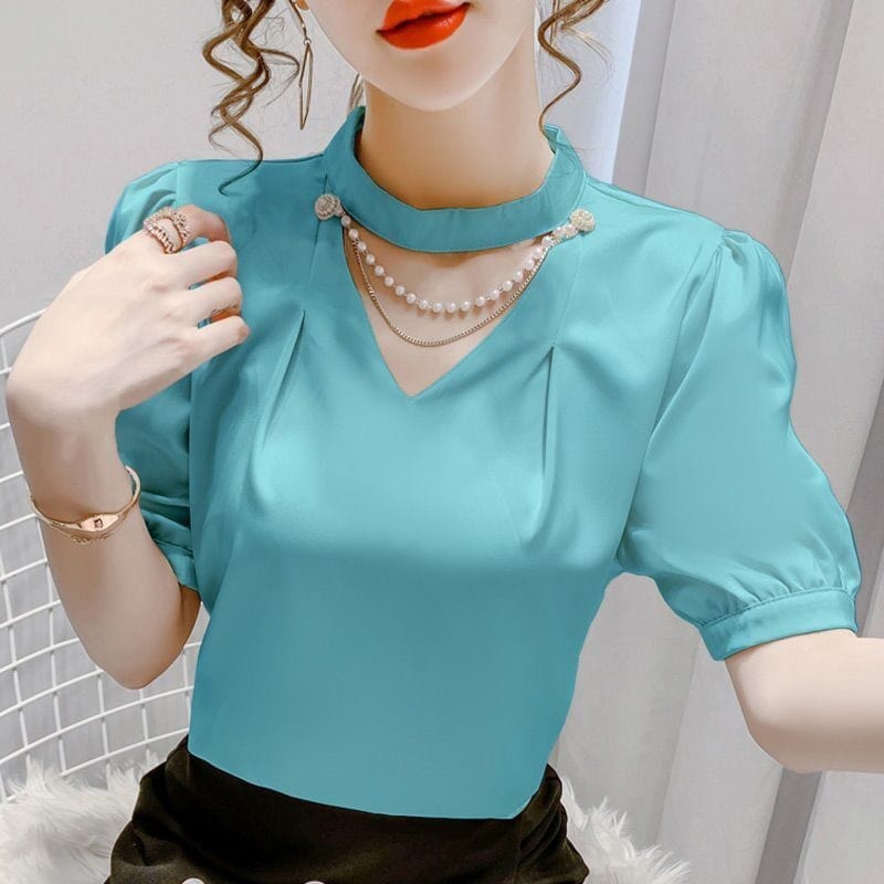 Showlu Fashion Store 0 Red / L Pearl Embellished Puff Sleeve Blouse