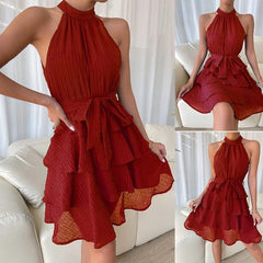 Showlu Fashion Store 0 Red / S Charming Halter Neck Ruffle Dress