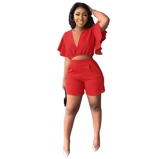 Showlu Fashion Store 0 Red / S Fashion Two Piece Set Women Sexy V Neck Ruffles Sleeve Crop Top &amp; Pockets Shorts Suit  Summer Street Solid Tracksuit Outfits