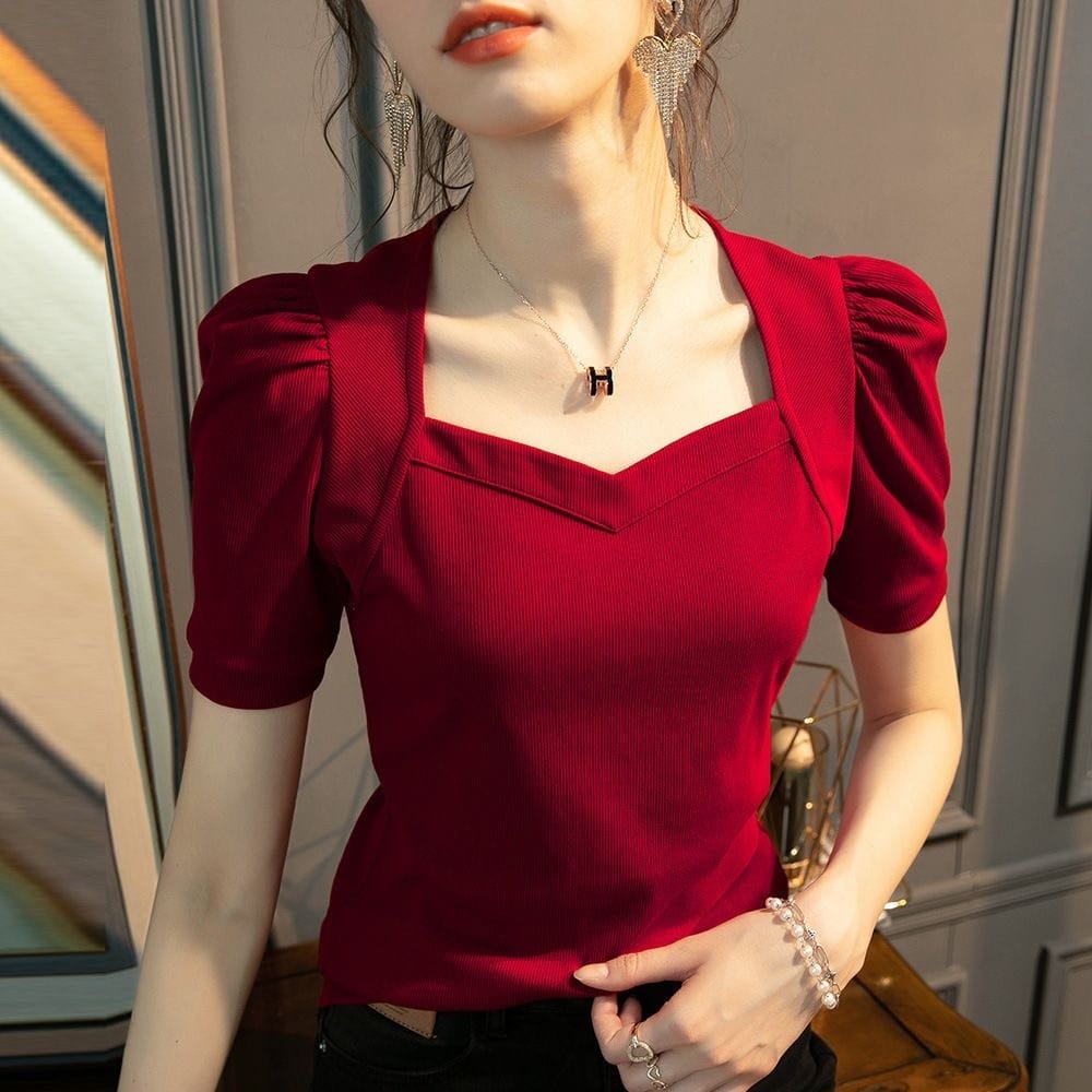 Showlu Fashion Store 0 red / S Woman's Clothing Spring Summer Style Basic T-Shirts Tops Lady Slim Short Puff Sleeve Square Collar Blouse Tops SS062