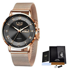 Showlu Fashion Store 0 Rose gold black / China LIGE Brand Women Watches Ultra-thin Luxury Quartz Watch Fashion Ladies Clock Stainless Steel Waterproof Calendar Week Wristwatch