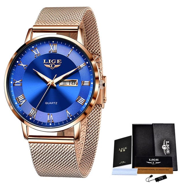 Showlu Fashion Store 0 Rose gold blue / China LIGE Brand Women Watches Ultra-thin Luxury Quartz Watch Fashion Ladies Clock Stainless Steel Waterproof Calendar Week Wristwatch