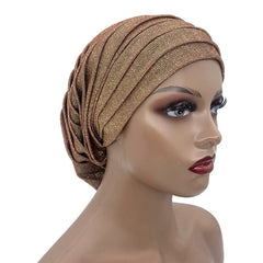 Showlu Fashion Store 0 rose gold Glitter Full Body Pleated Turban Cap for Women 2023 Lady Head Wraps Muslim Headscarf Hat Turbante Mujer African Headpiece