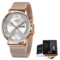 Showlu Fashion Store 0 Rose gold white / China LIGE Brand Women Watches Ultra-thin Luxury Quartz Watch Fashion Ladies Clock Stainless Steel Waterproof Calendar Week Wristwatch