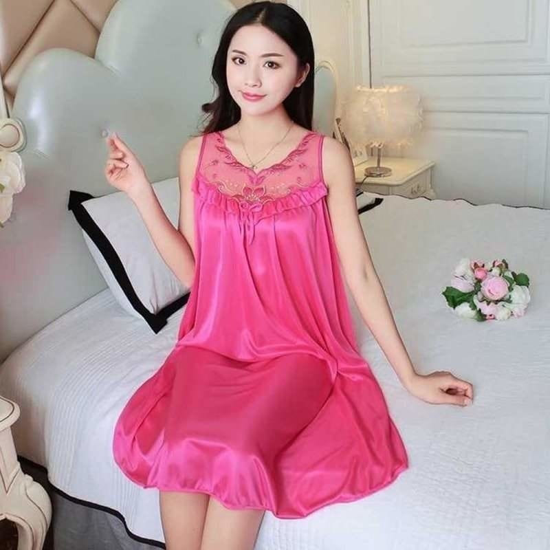 Showlu Fashion Store 0 Rose Red 1 / M Women Ice Silk Sleepwear Set Nightdress Homewear Nightwear Pyjamas Female Lace Sleepwear V-neck Nightgown Plus Size 4XL 100kg