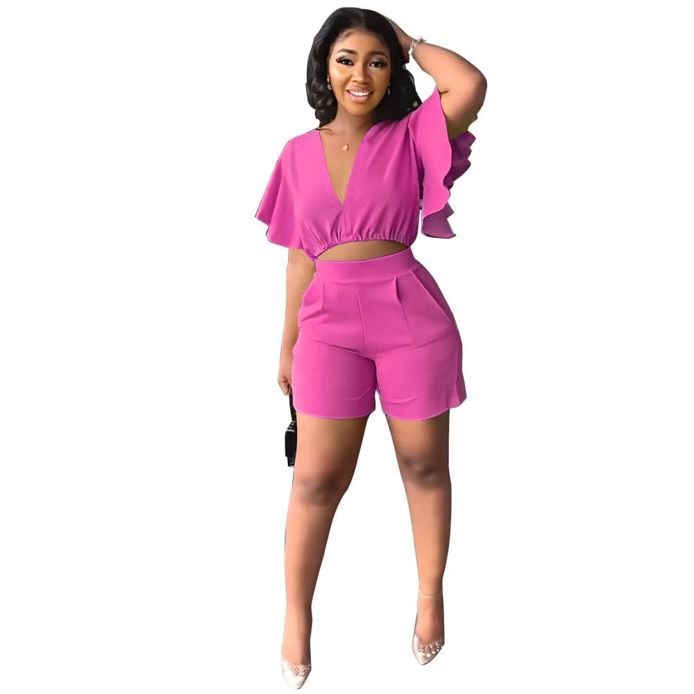 Showlu Fashion Store 0 Rose Red / S Fashion Two Piece Set Women Sexy V Neck Ruffles Sleeve Crop Top &amp; Pockets Shorts Suit  Summer Street Solid Tracksuit Outfits