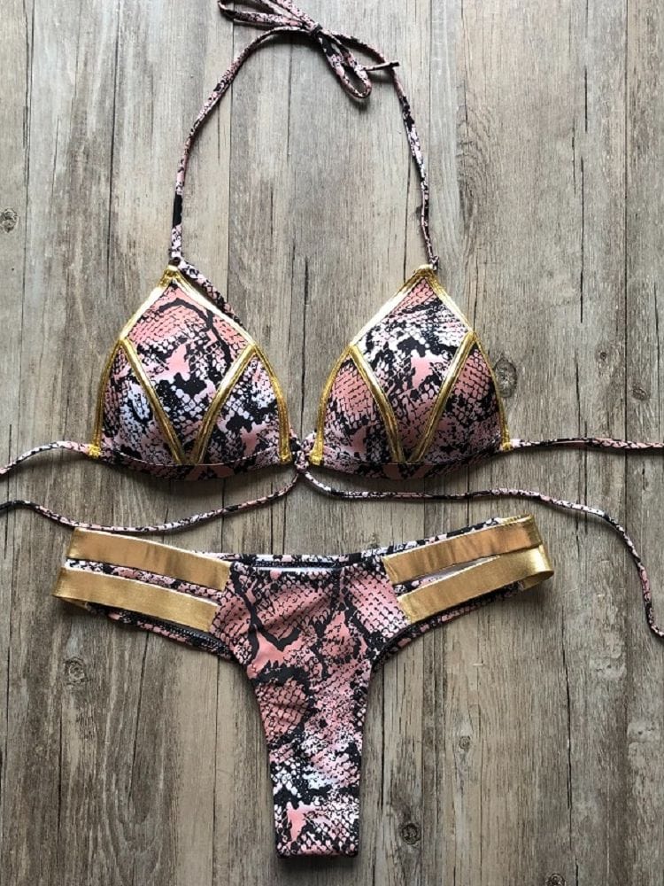 Showlu Fashion Store 0 S32  Snake skin / S Gold Stamping Bikini Set"