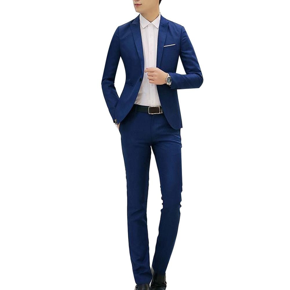 Showlu Fashion Store 0 Sapphire Blue / M 2Pcs/ 1 Set Fashion Men Solid Color Lapel Button Long Sleeve Slim Blazer Suit Pants for Men Wedding Office Meeting Male Clothing