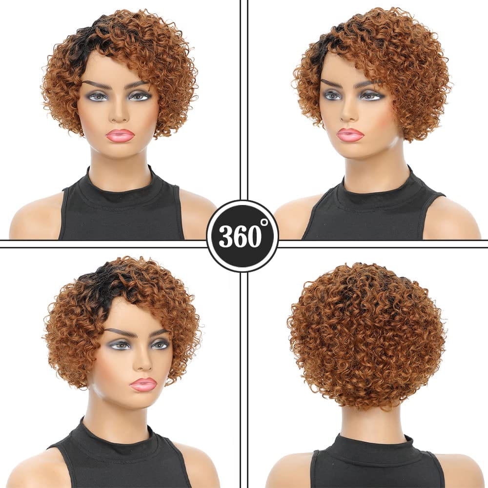 Showlu Fashion Store 0 Short Kinky Curly Human Hair Wig Afro Short Wigs Pixie Cut Wig Human Hair No Lace Front Natural Brazilian Hair Wigs For Women