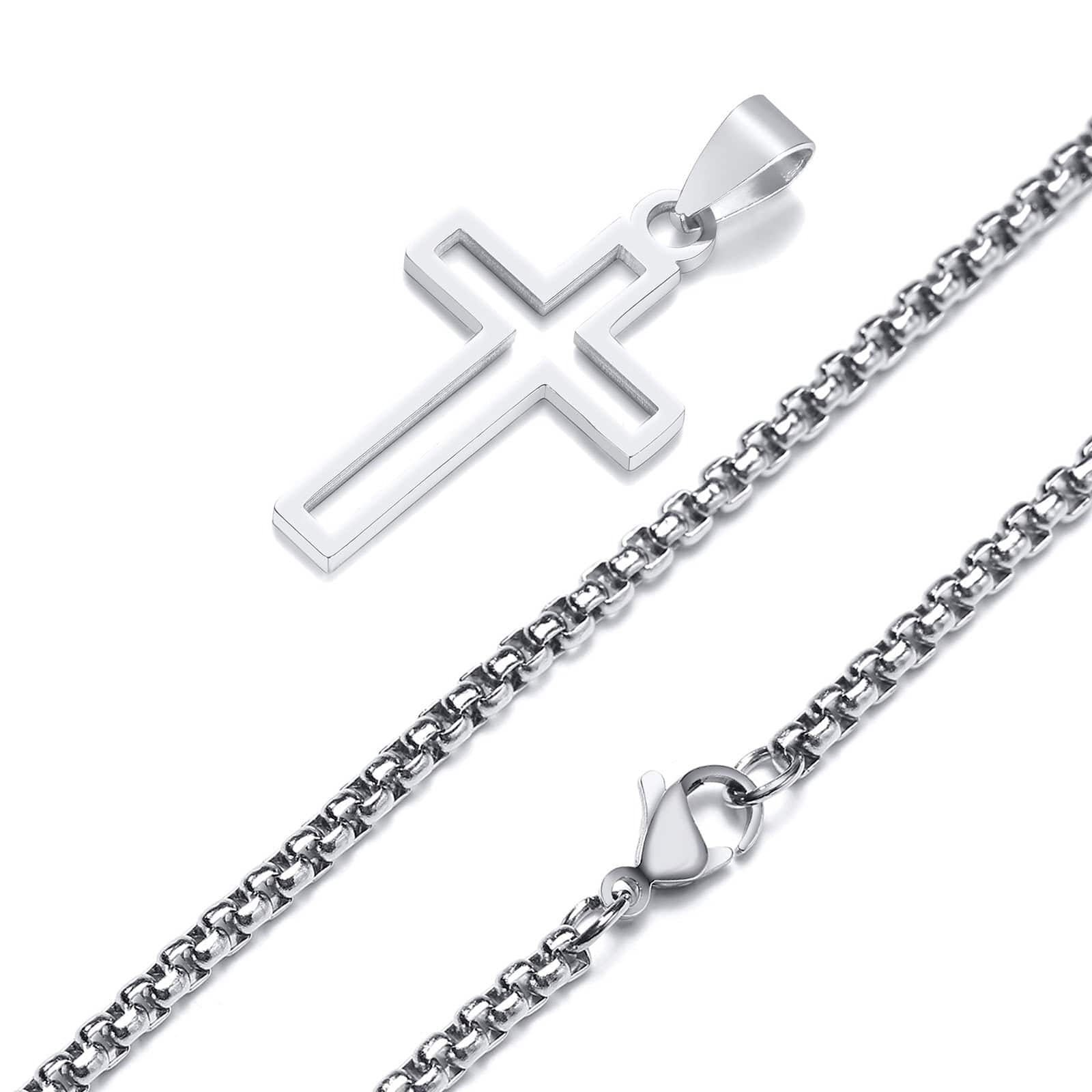 Showlu Fashion Store 0 Silver - box chain / 45cm Vnox Cutout Cross Necklace for Men Women, Stainless Steel Hollow Cross Pendant with 24" Box Chain, Religious Faith Christ Collar