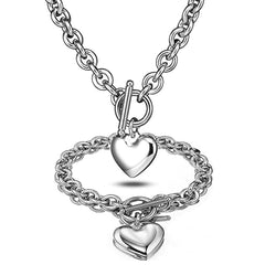 Showlu Fashion Store 0 silver Love Heart Necklace and Bracelet Jewelry Sets for Women Gift Stainless Steel Engagement Wedding Party Chain Set Jewelry Fashion